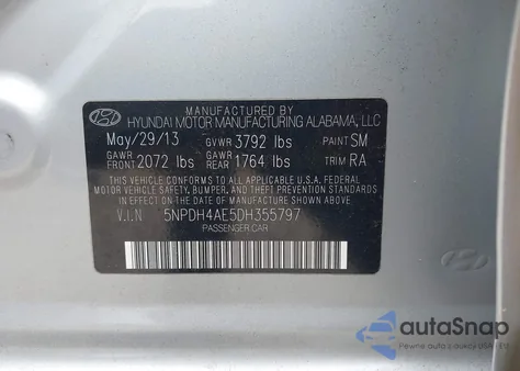 2013 Hyundai Elantra Gls z USA, uszkodzony, nr VIN 5NPDH4AE5DH355797